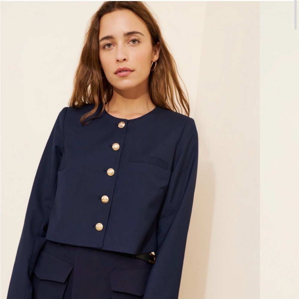 Navy Blue Collarless Women's Jacket with Gold Buttons - Small